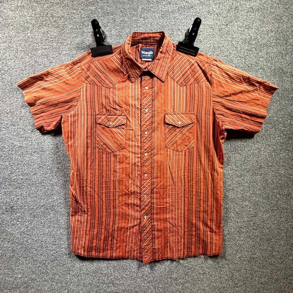 Wrangler Western Shirt Mens XLT Orange Red Striped Pearl Snap Flap Pockets